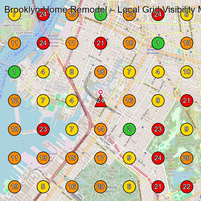 Brooklyn Home Remodel General Contractor GeoGrid ranking map for Brooklyn NY